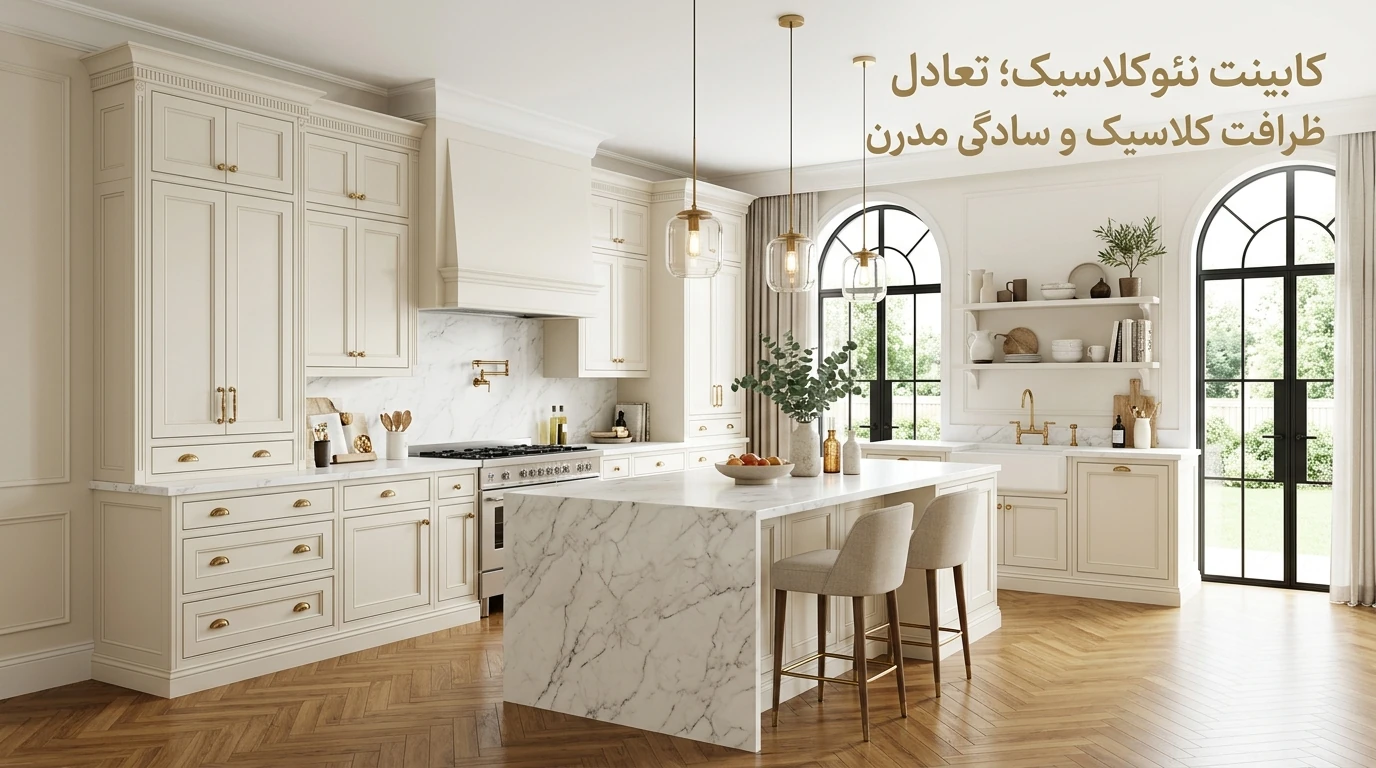 کابینت نئوکلاسیک شیک با طراحی روشن و جزئیات ظریف در آشپزخانه مدرن با متن کابینت نئوکلاسیک شیک با طراحی روشن و جزئیات ظریف در آشپزخانه مدرن