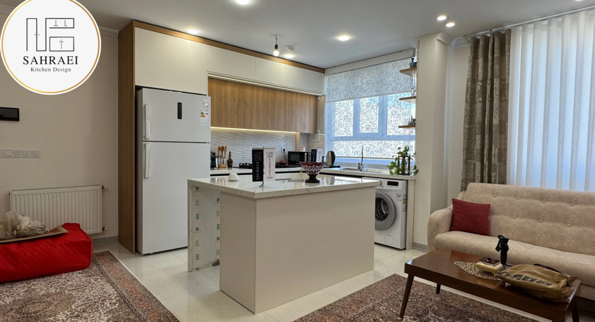 تصویرشاخص و نمای کلی نمای بیرونی جزیره L کابینت مدرن سوپر مات طرح چوب