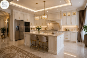 نمونه کابینت نئوکلاسیک سفید با جزیره مرکزی