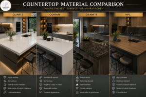 مقایسه صفحه کابینت کوارتز، کورین و سنگ طبیعی