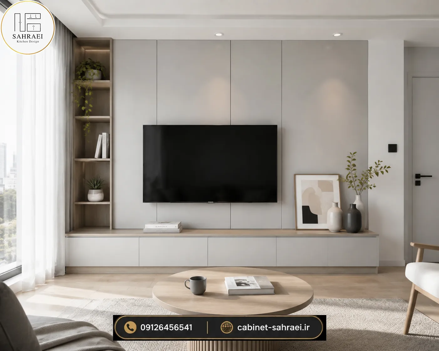 طراحی تی وی وال مینیمال با ظاهری روشن و مدرن - کابینت صحرائی